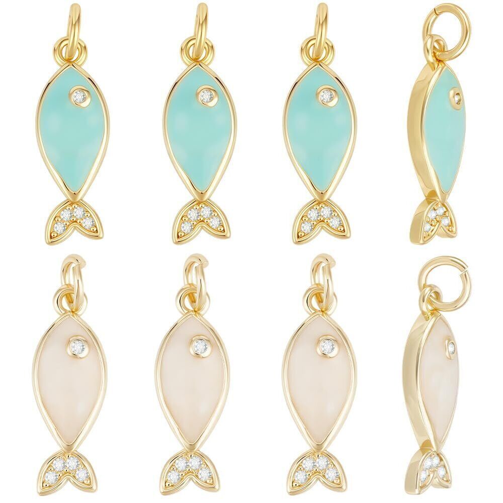2816 8Pcs 2 Colors Enamel Fish Charms 18K Gold Plated Cubic Zirconia Dangle